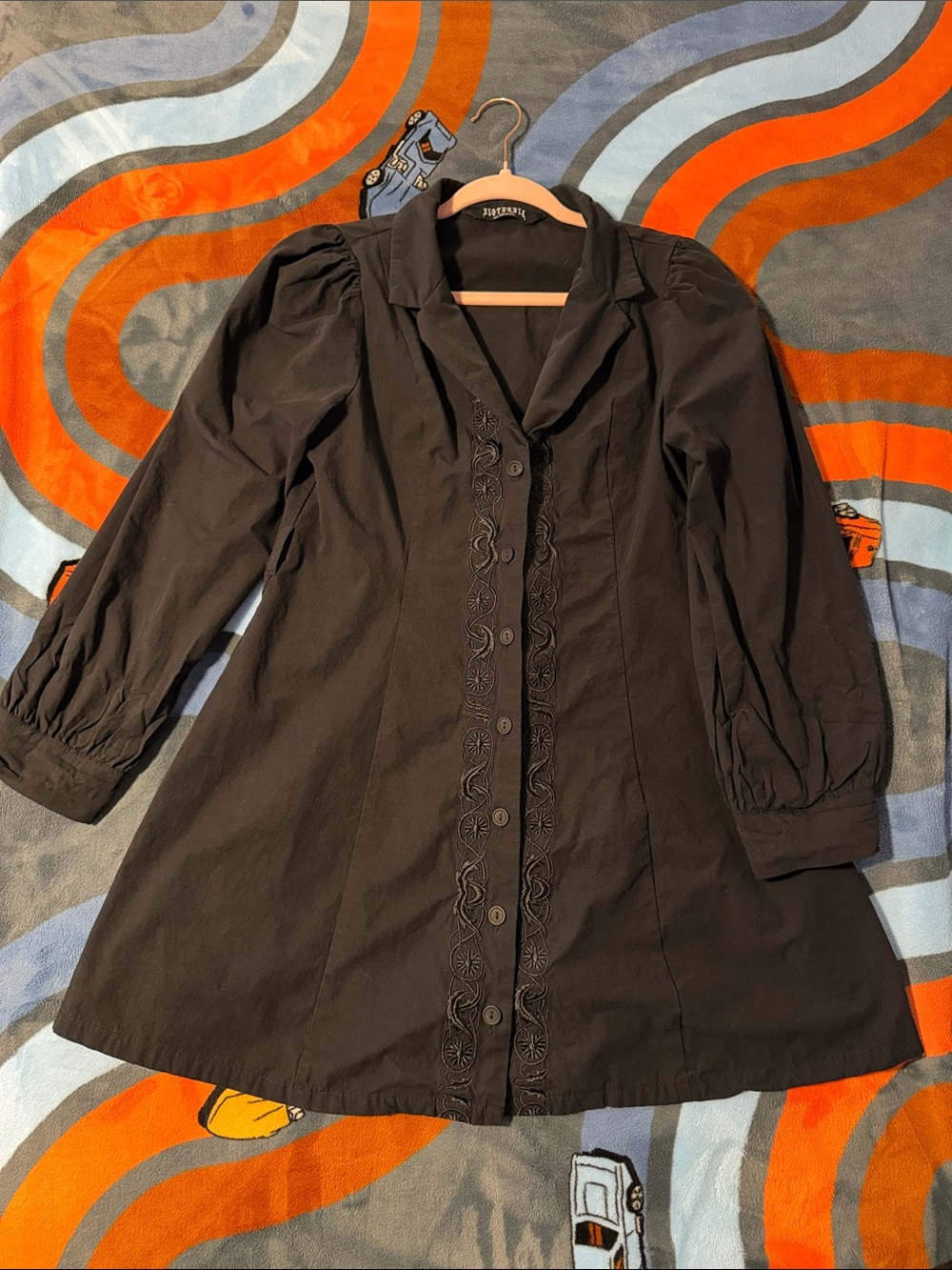 Disturbia Black Long Sleeve Button-Front trench Dress with Embroidered Trim